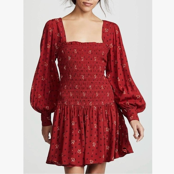 Free People Two Faces Mini Dress Size Small Red Smoked Long Sleeve - Picture 1 of 9
